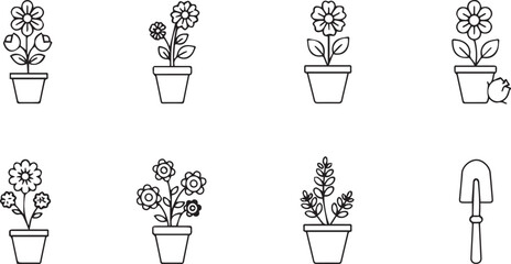 Set of Outline Icons Featuring Potted Flowers and Gardening Tools potted plant