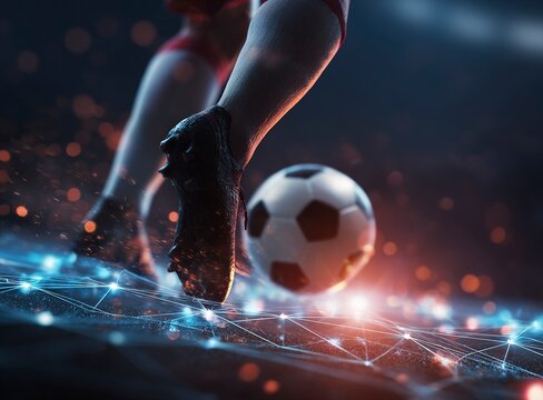 Soccer ball and foot in action on the background of an abstract low-poly network with bright light spots, elements of digital networks and connections, glowing lights around, dynamic composition,  - Powered by Adobe