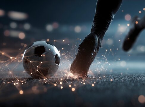 Soccer ball and foot in action on the background of an abstract low-poly network with bright light spots, elements of digital networks and connections, glowing lights around, dynamic composition, 