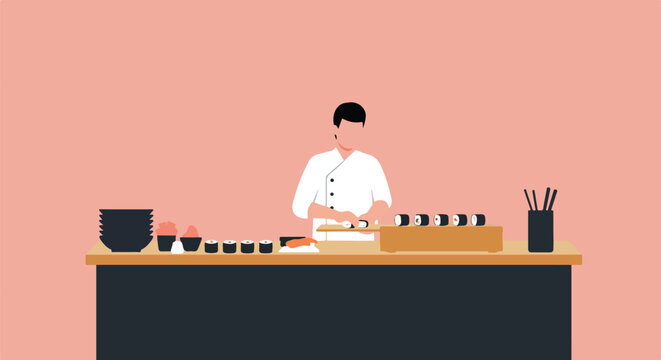 Chef preparing sushi at a counter, with plates on a pink background
