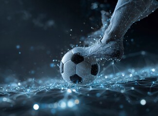 Soccer ball and foot in action on the background of an abstract low-poly network with bright light spots, elements of digital networks and connections, glowing lights around, dynamic composition, 