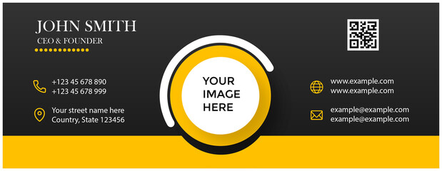 Professional email signature template with contact details, qr code, and image placeholder