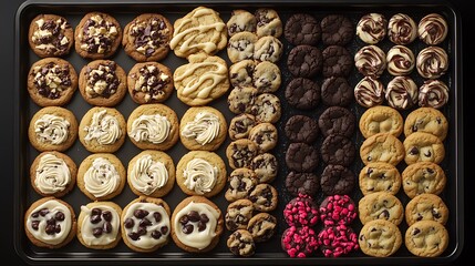 A tray of golden brown cookies in different shapes and flavors, straight from the oven.

