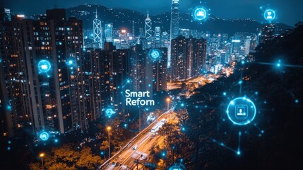 Night cityscape with glowing smart reform text overlayed with digital icons
