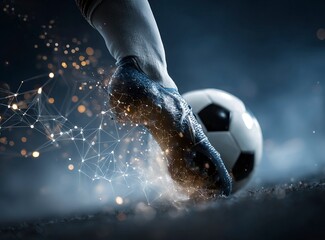 Soccer ball and foot in action on the background of an abstract low-poly network with bright light spots, elements of digital networks and connections, glowing lights around, dynamic composition