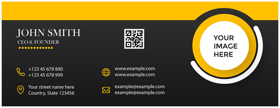 Modern business email signature template with contact details, qr code, and image placeholder