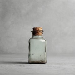 A small, empty glass bottle with a cork stopper sits on a gray surface against a neutral gray background.