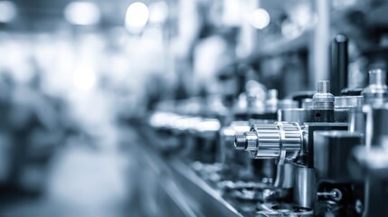Fototapeta premium Precision industrial machinery parts arranged in a clean metallic factory environment