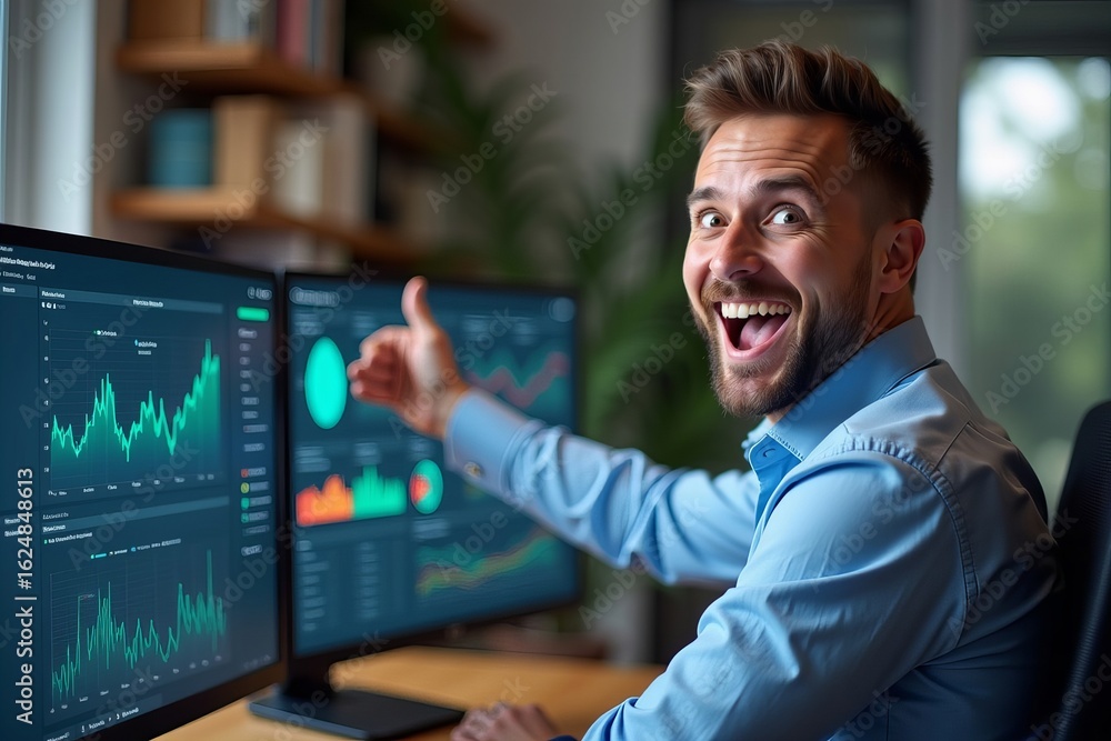 Poster energized business analyst utilizing data dashboard on computer and celebrating success