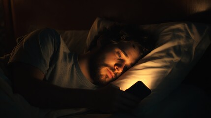 A young man lies in bed at night, illuminated by his smartphone screen, appearing focused or contemplative in a dimly lit room.
