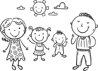 Black and white family members. Parents with kids. Isolated characters