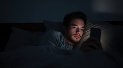 Fototapeta premium A man lies awake in bed at night, staring intently at his smartphone screen, illuminated by its light in an otherwise dark room.
