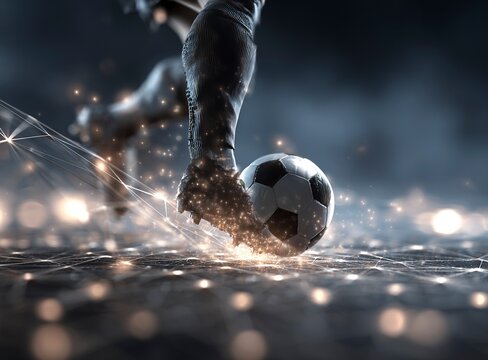 Soccer ball and foot in action on the background of an abstract low-poly network with bright light spots, elements of digital networks and connections, glowing lights around, dynamic composition