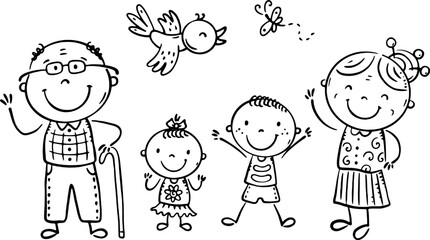 Cartoon family. Grandparents and little children, black and white clipart
