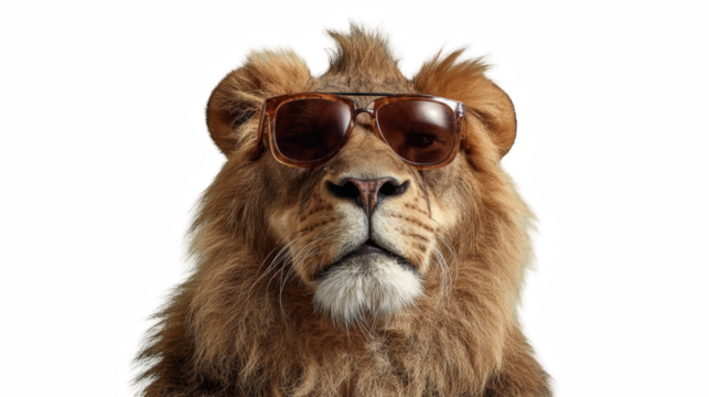 Majestic lion portrait showcasing cool eyewear, capturing a funny and distinctive image, isolated on transparent background