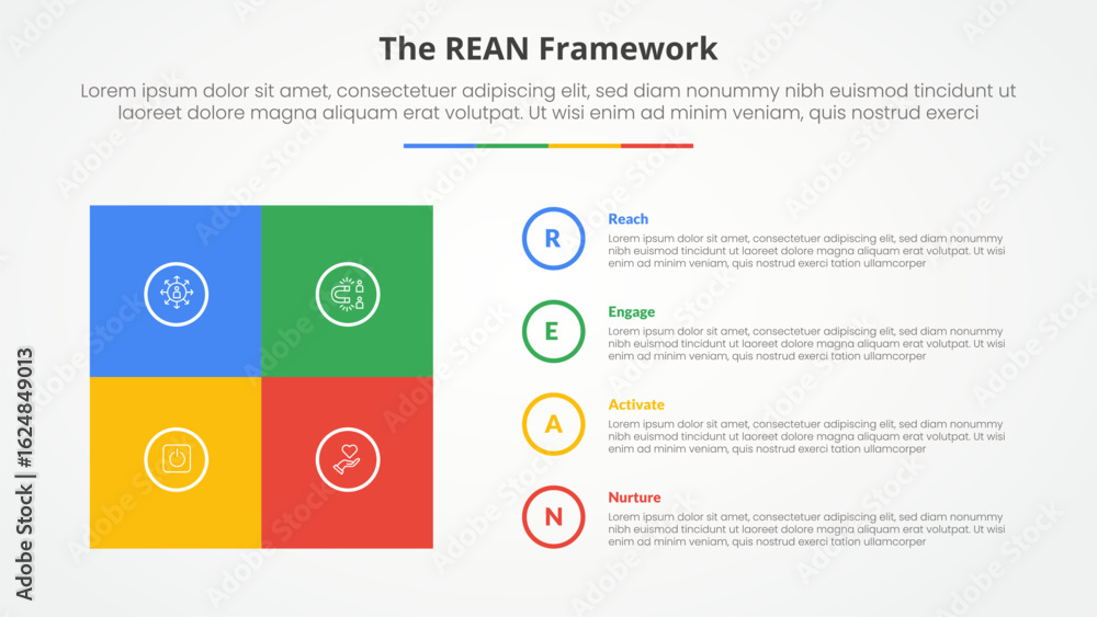 Poster rean framework infographic concept for slide presentation with square box matrix with circle outline