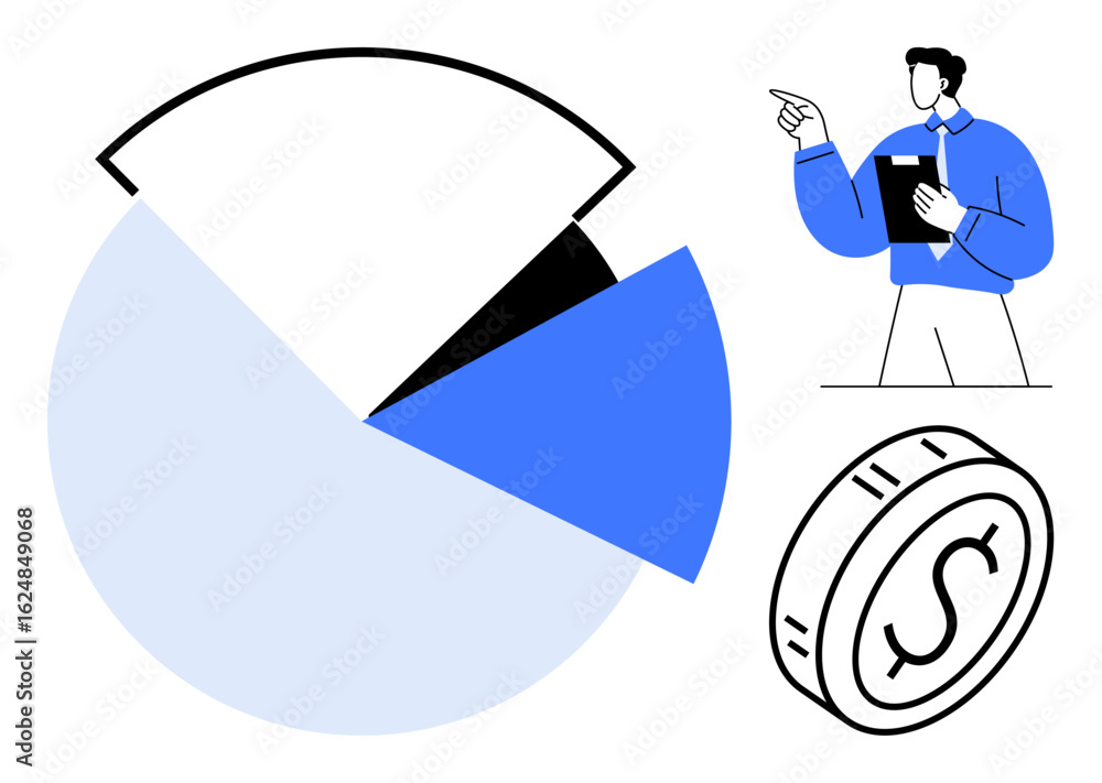 Aufkleber pie chart divided into segments, currency coin, professional pointing at data insights. ideal for fi