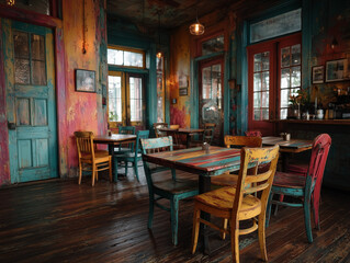 A café with colorful mural-painted walls