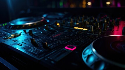 Obraz premium A close-up of glowing DJ equipment with vibrant lights in a dark, atmospheric club.