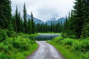 Obraz premium Serene path leads to tranquil lake surrounded by lush pine trees and misty mountains, evoking sense of peace and nature beauty