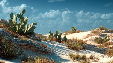 Sunlit desert landscape featuring prickly pear cacti, sandy dunes, sparse vegetation, and a partly cloudy sky.  Shadows cast by the afternoon sun accentuate the texture of the sand and rocks