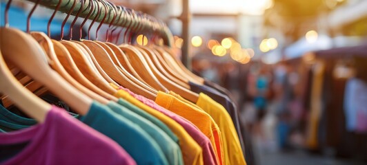 The vibrant collection of colorful shirts hanging at an outdoor market.