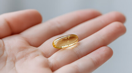 A hand displays a gel capsule filled with golden liquid, indicating a health supplement taken in the morning