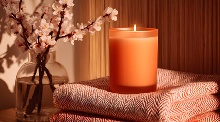 A calming atmosphere features a lit candle next to neatly folded towels and blossoming cherry branches