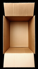 Top view of open cardboard box with vertical flaps, isolated on black background