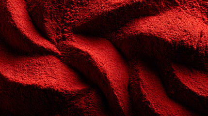 Close-up view of rich red powder with smooth, flowing contours under soft lighting, creating an enticing visual
