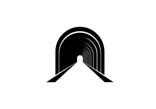 Black and White Tunnel with Concentric Arches and Parallel Tracks &ndash; Geometric Depth and Perspective Illustration