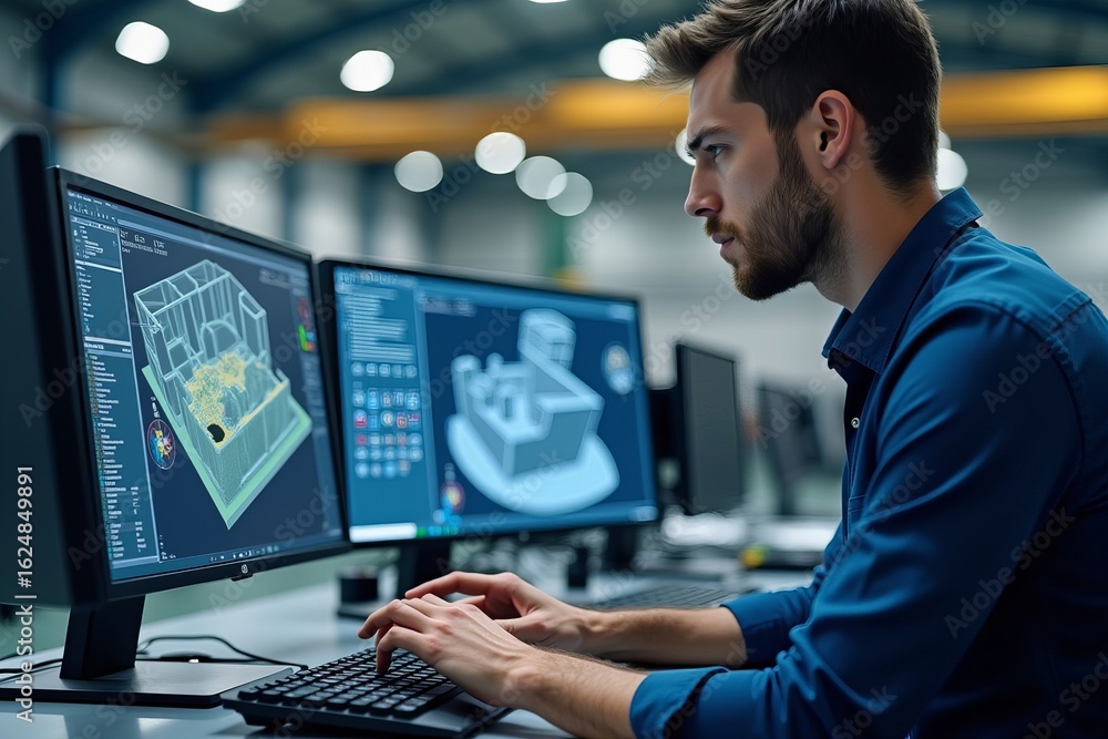Fototapete engineer creating 3d cad models on computer in factory