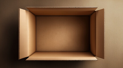 open empty cardboard box top view on brown background