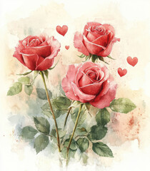 Three vibrant red roses with lush green leaves are beautifully illustrated in watercolor style, surrounded by small red hearts, evoking sense of romance and affection