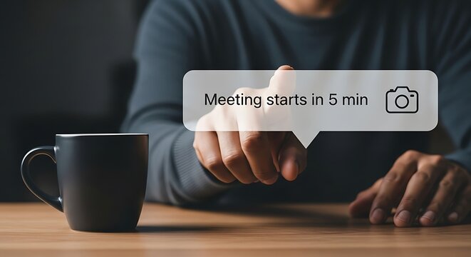 Person points to meeting reminder notification bubble with camera icon pointing finger - Powered by Adobe