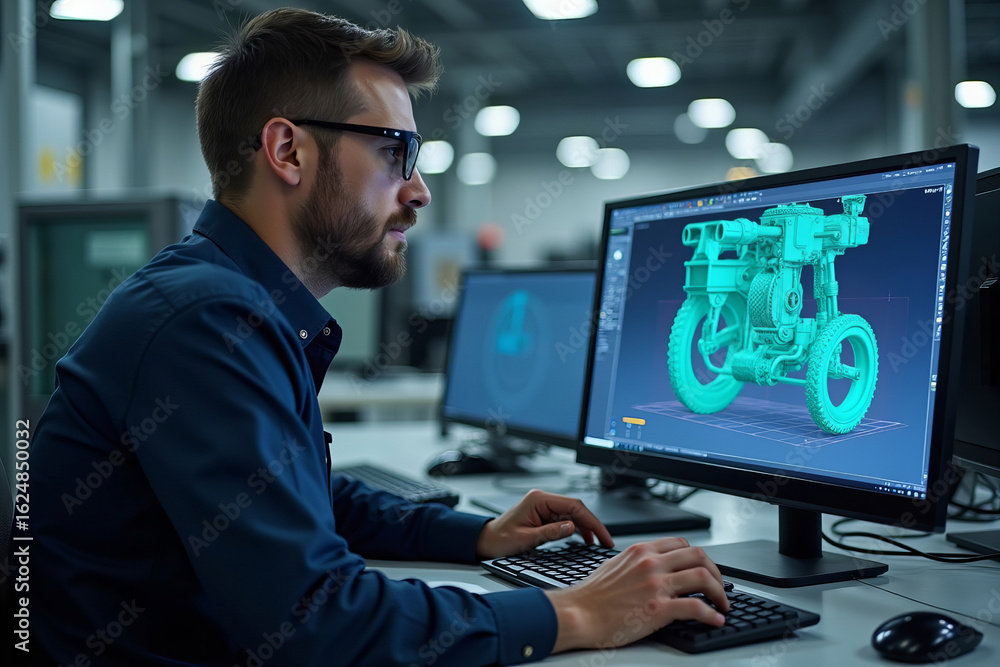 Fototapete engineer utilizing computer for 3d cad model design in factory