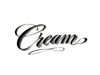 Elegant lettering "Cream" in flowing script with artistic brushstroke details, a beautiful food branding element on transparent background
