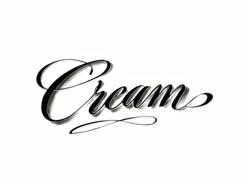 Elegant lettering "Cream" in flowing script with artistic brushstroke details, a beautiful food branding element on transparent background
