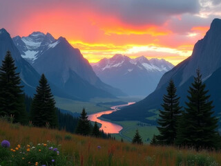 Obraz premium Coucher de soleil flamboyant sur vallée montagneuse et rivière serpentant entre sommets majestueux et forêts verdoyantes