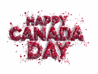 Festive Happy Canada Day Text Artistically Rendered with Maple Leaves in Red and White on transparent background
