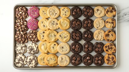 A tray of golden brown cookies in different shapes and flavors, straight from the oven.

