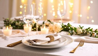 Fototapeta premium Elegant Wedding Reception Table Decorated with Candles and Fresh Flowers for a Romantic Celebration