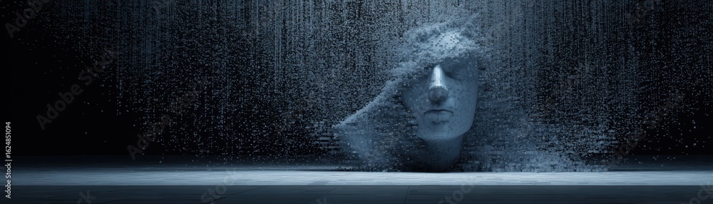 Poster a mysterious figure emerges from a cascade of particles, creating a surreal and thought-provoking at