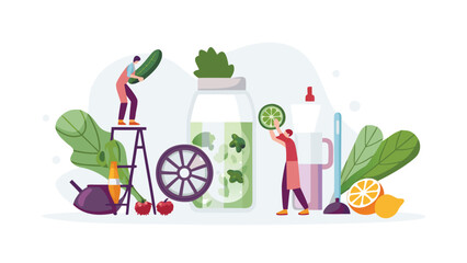 People preparing a healthy drink with fruits and vegetables in a large jar illustration