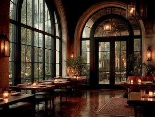 Fototapeta premium A restaurant interior with floor-to-ceiling arched windows