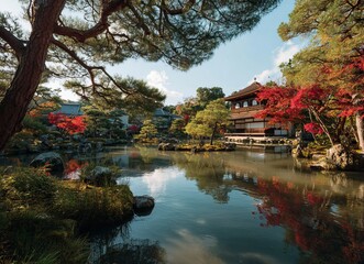 The Ginkakuji (Silver Pavilion) building reflected in the river, with trees and red leaves along its banks, landscape photography, Kyoto cityscape, wide-angle lens, clear sky, high resolution,