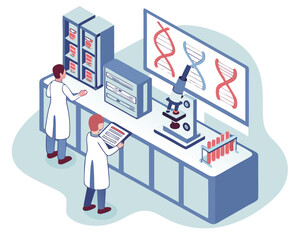 Isometric Biotechnology Laboratory Illustration with DNA Analysis, Scientists and Microscope