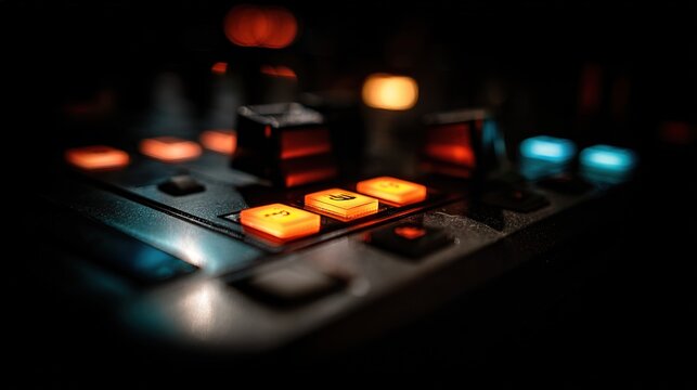 A close-up of glowing DJ equipment with vibrant lights in a dark, atmospheric club.