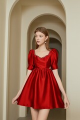 Young woman in a red dress standing in an elegant interior.