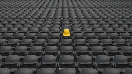Fototapeta premium A vibrant yellow chair stands out among rows of black seats in a vast arena, symbolizing individuality in a sea of uniformity.